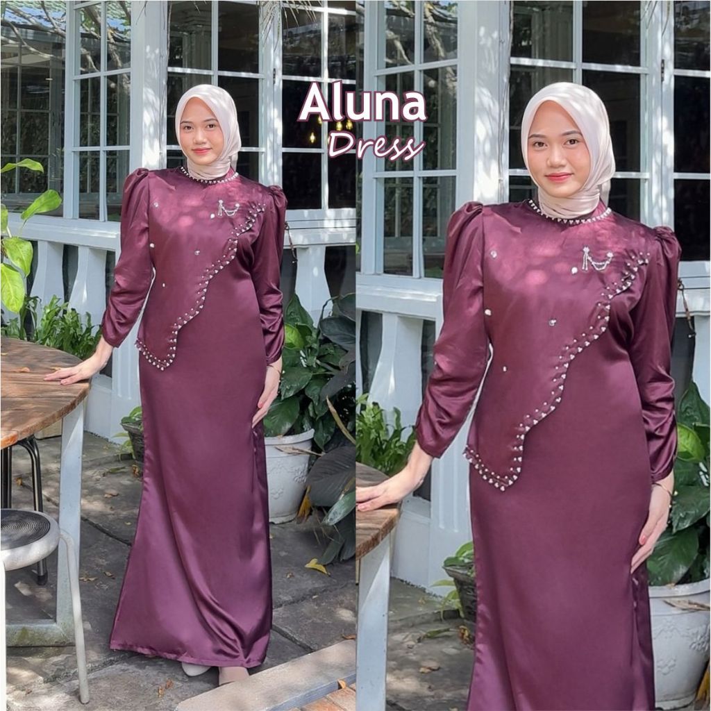 Aluna Dress Gamis Viral Satin Silk Full Payet Mewah Duyung Bridesmaid Pesta Kondangan Wisuda Lebaran