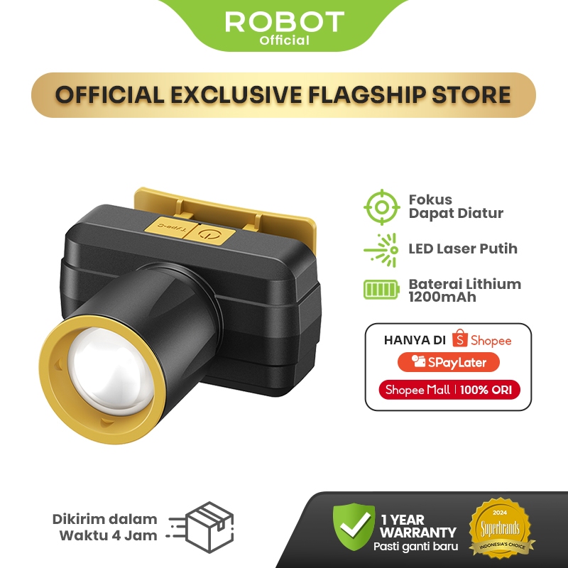 ROBOT Headlamp Lampu Kepala 140 LM LED 1200mAh Emergency Rechargeable Headlight Senter Outdoor RT-HL