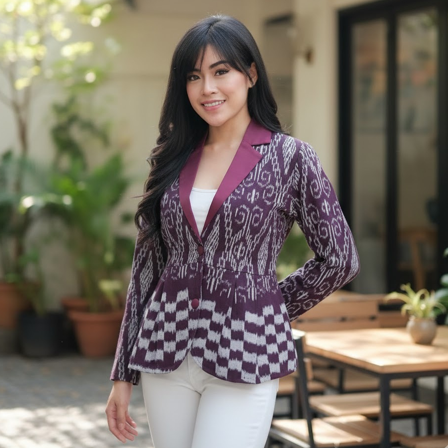 NAI - Blazer Wanita Tenun Motif Etnik Warna Ungu – Fashion Kantor & Acara Formal