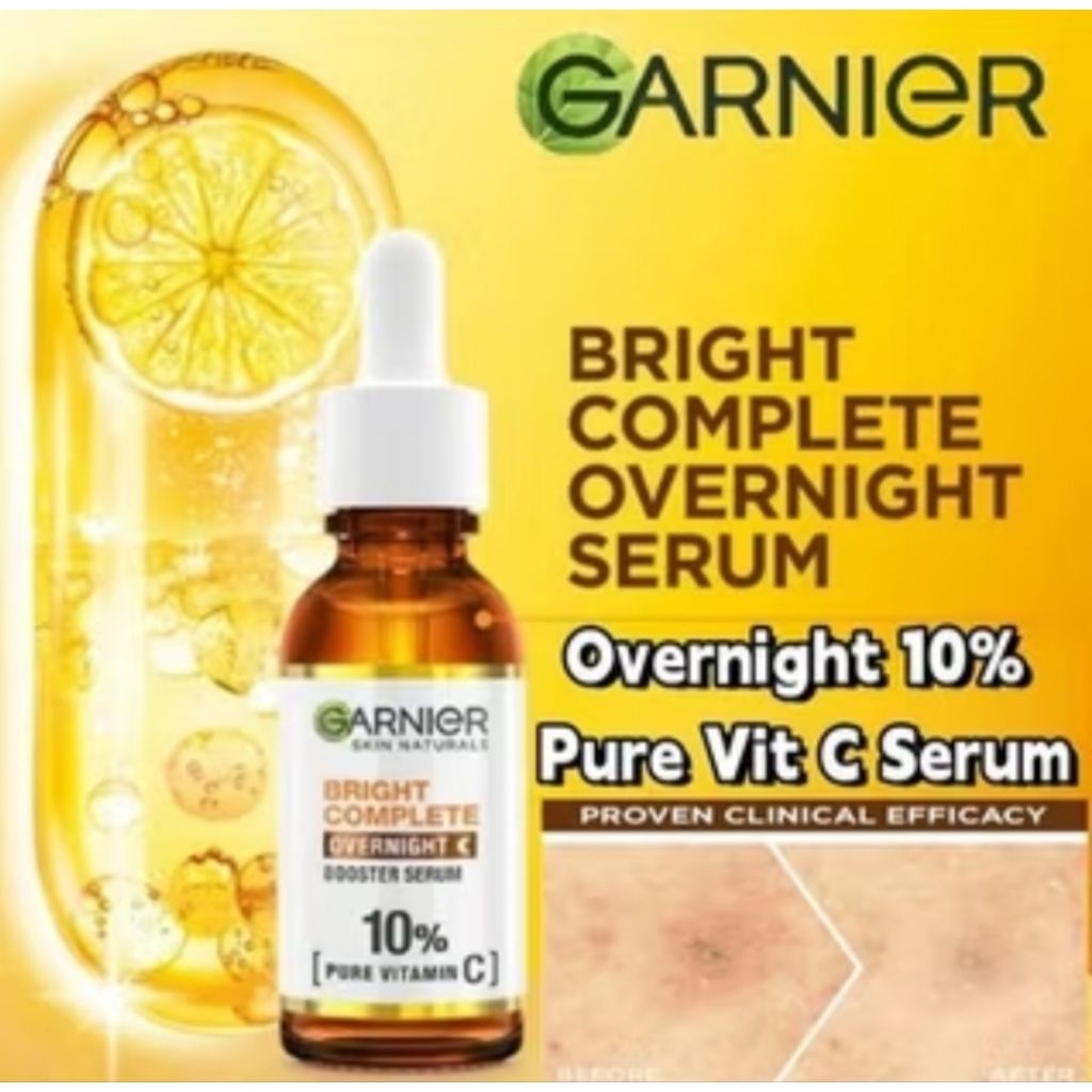 Garnier Bright Complete Overnight Booster Serum 10% Pure Vitamin C 30ml | Serum Malam Penghilang Fle