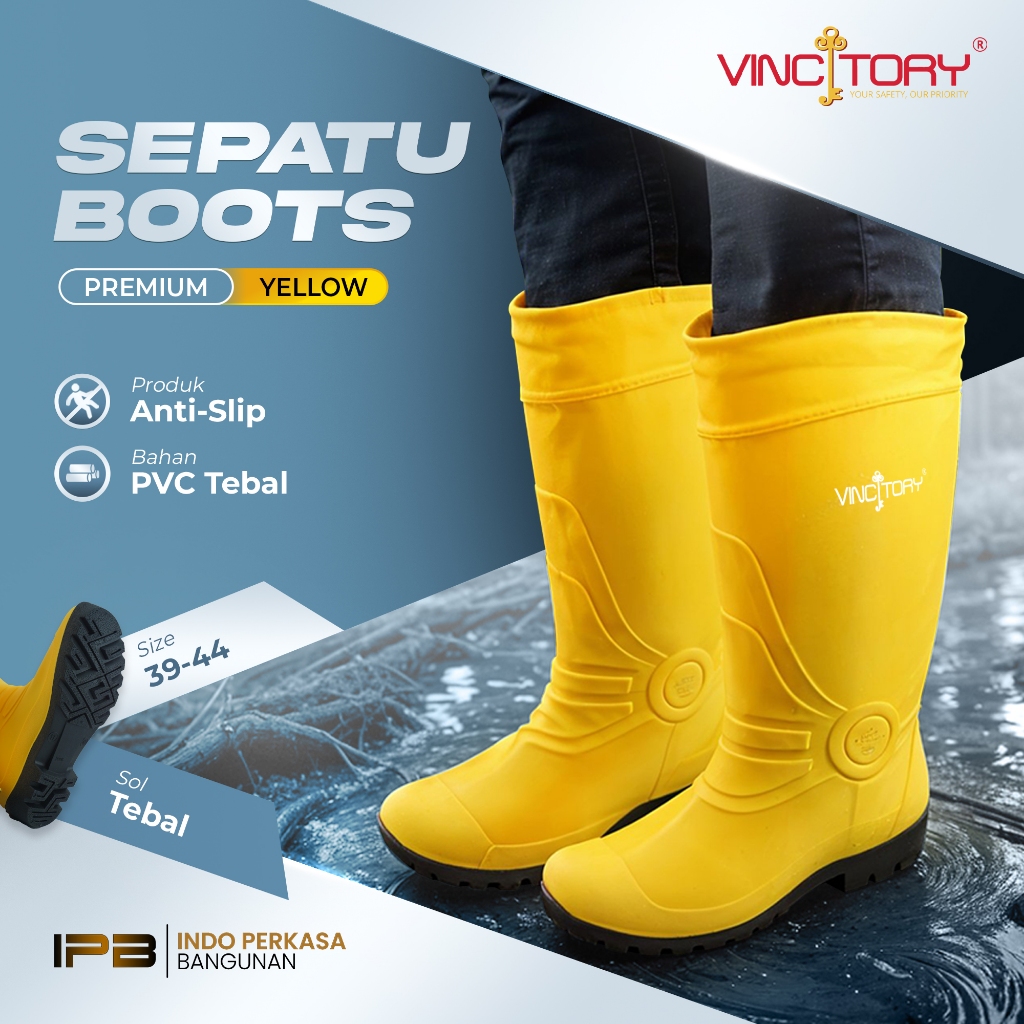 Sepatu Boots Safety Proyek JBS 12grain Flat PVC Karet Hitam Kuning Vincitory | 2823-2834