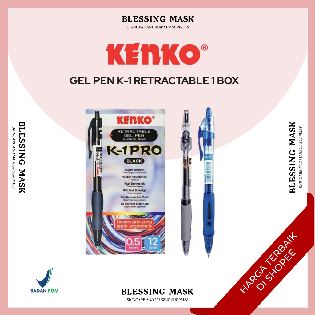 KENKO Gel Pen K-1 Retractable | Pulpen Pena Bolpoin Hitam Biru Merah Kenko | 1PACK : 12PCS | ATK Ble