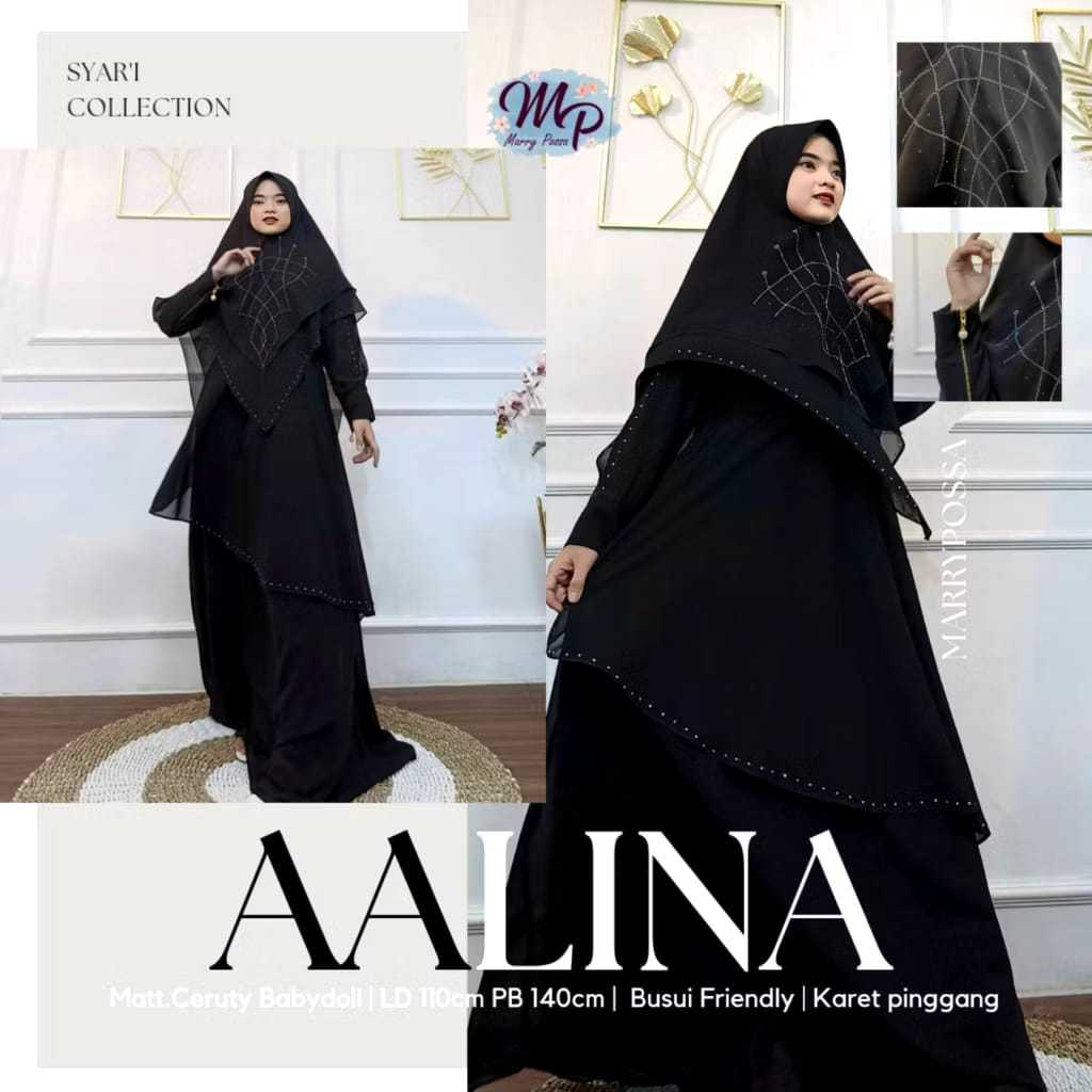 Aalina syari/ set gamis maxy dress plus khimar/ detail swarovski tempel/ cantik mewah elegan