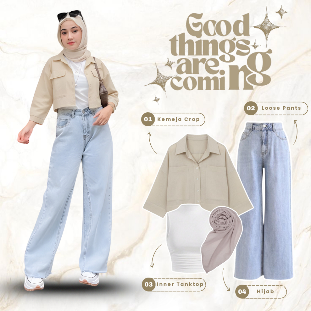 Outfit Hijab OOTD Kekinian Terbaru (Loose Pants + Kemeja Crop + Inner Tanktop + Hijab) - KN41