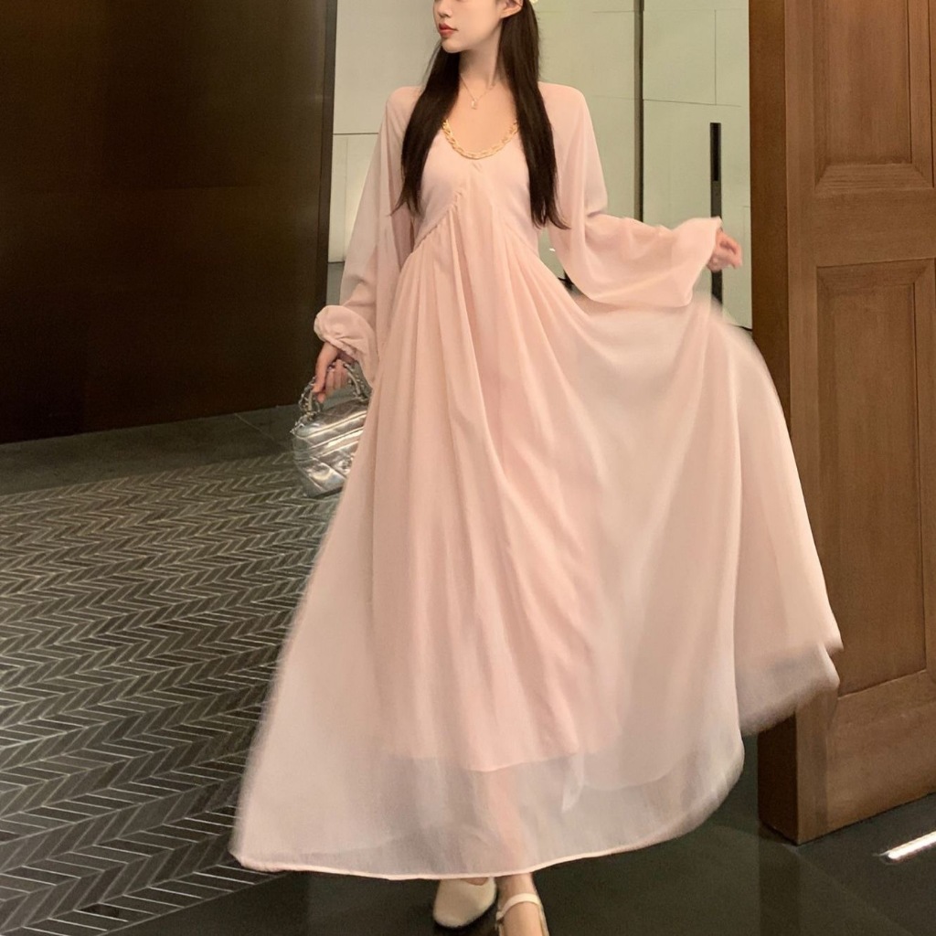 Susana Mall Gaun Lengan Panjang Wanita Korea Dress Wanita Pink Mewah Elegan dan Berkelas M705