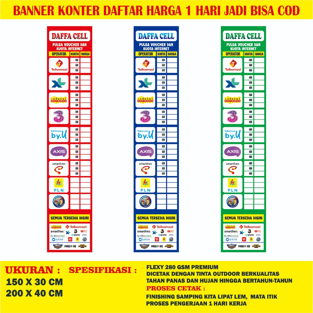 Banner Spanduk Dinding konter Daftar Harga Kuota cod