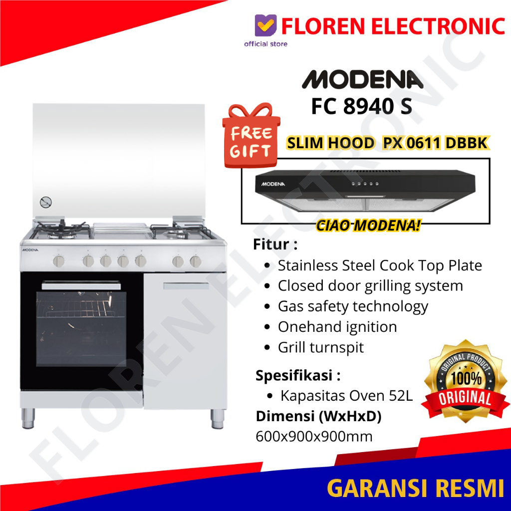 Modena kompor Freestanding FC 8940 S / FC8940S / 8940S kompor dan oven 90 cm 4 tungku BARANG BARU DA