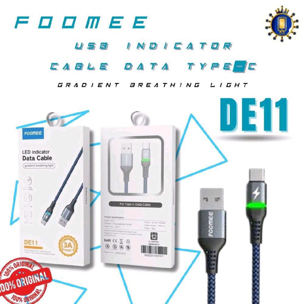 FOOMEE DE11 Kabel data type-c 3A fast charging LED indikator 1m.