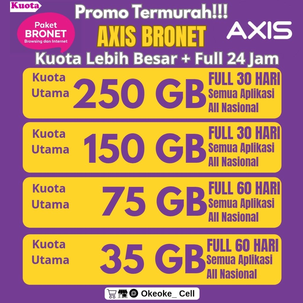 Paket Data Axis Bronet, Axis Aigo, Kuota Big Axis & XL Full 24 Jam All Jaringan, Termurah di SHOPEE