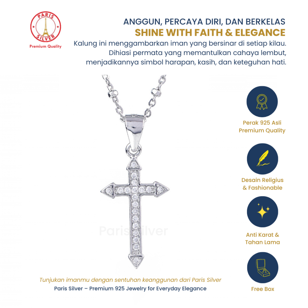 Kalung Salib Perak Asli 925 – Liontin Salip Kristal Silver Lapis Emas Putih Anti Karat Wanita
