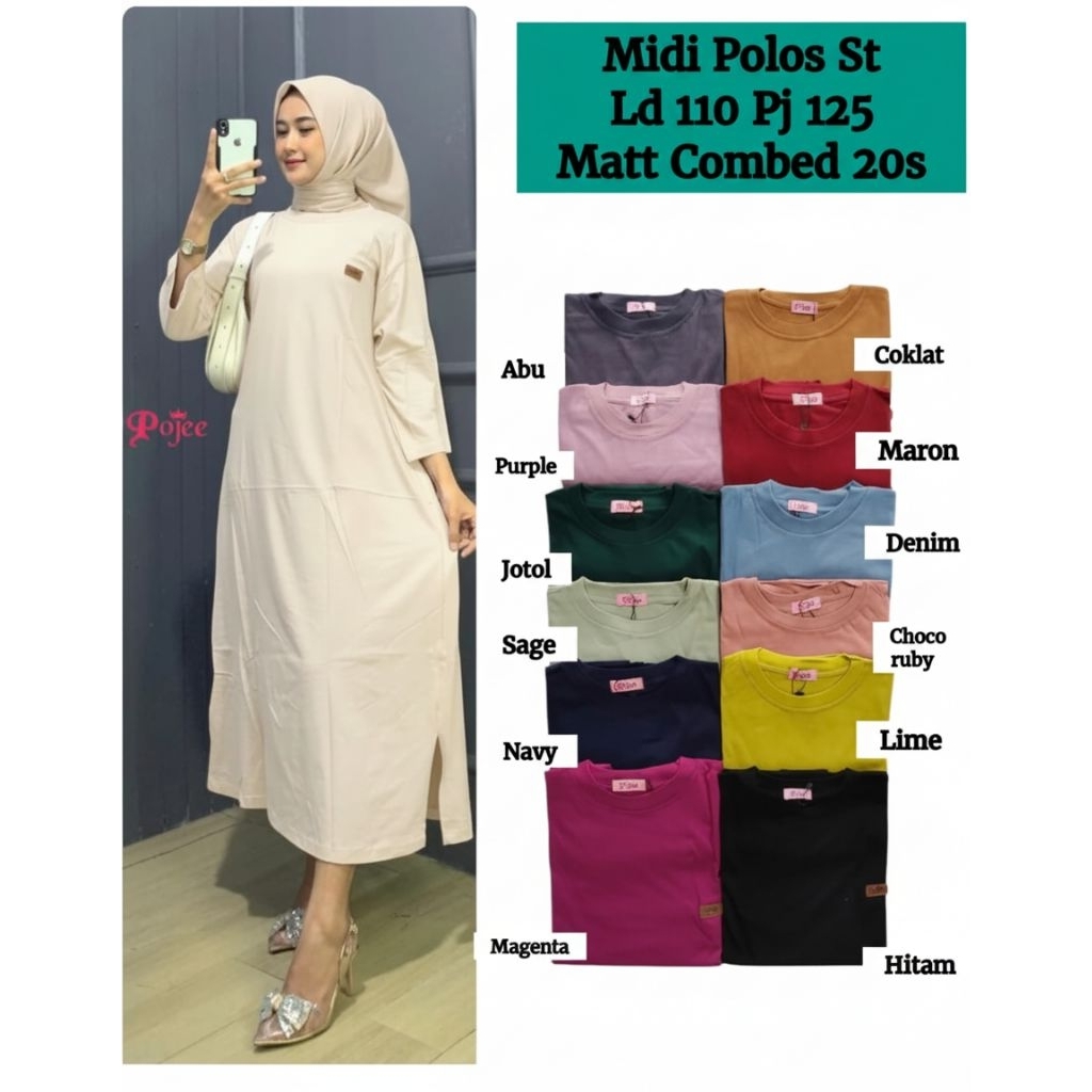 POJEE ORI ready stock terbaru MIDI DRES polos bahan cotton combat