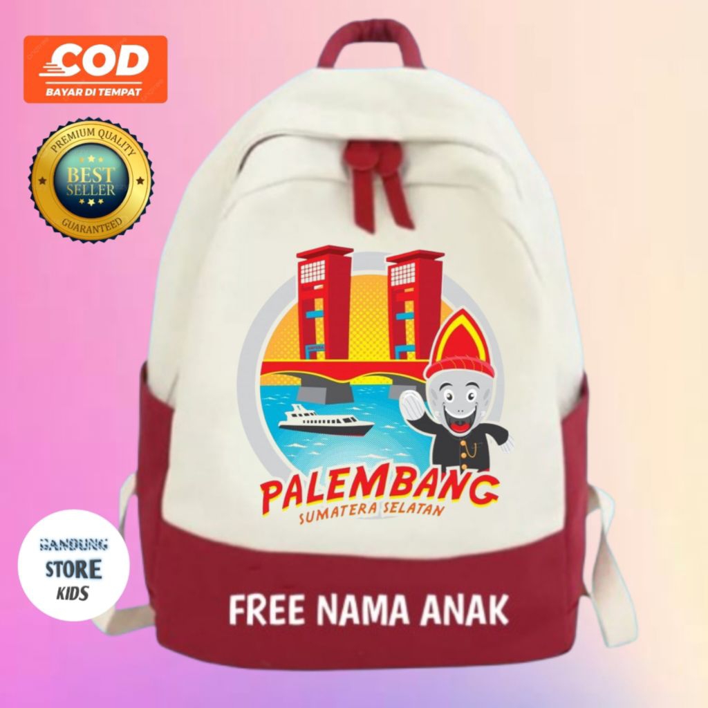 Tas Ransel Anak Sekolah SD TK PAUD MOTIF JEMBATAN AMPERA PALEMBANG free Cetak Nama