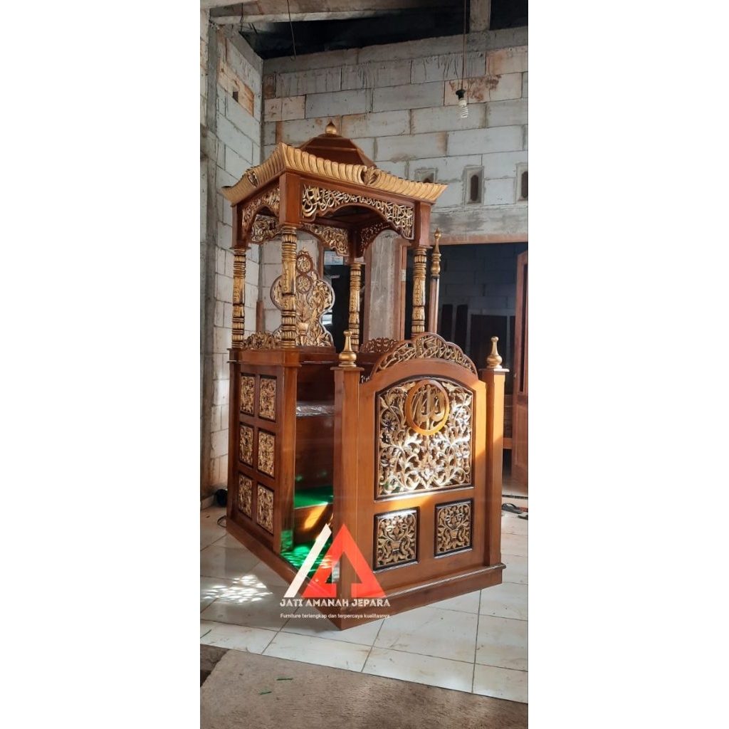 mimbar masjid, mimbar khutbah, mimbar masjid kaligrafi, mimbar masjid kayu jati asli