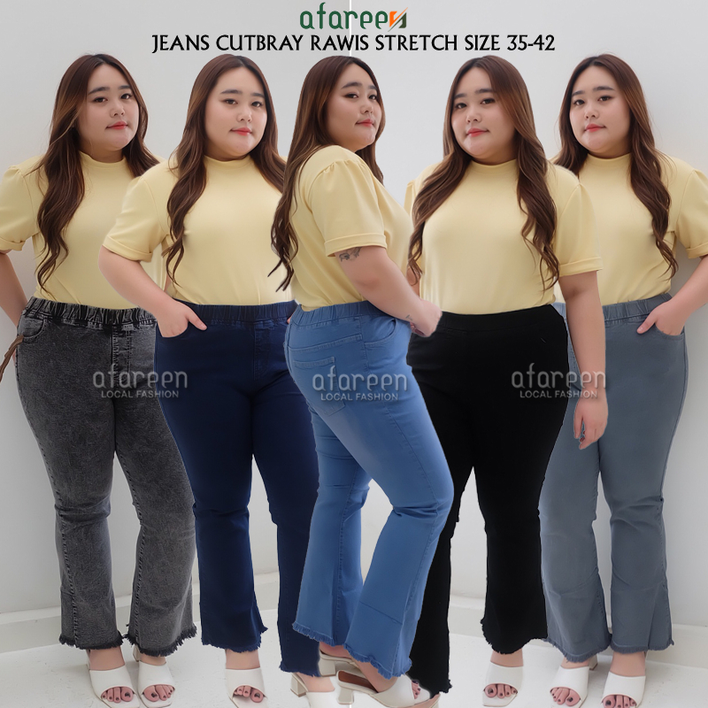 AFAREEN - Jeans Cutbray Jumbo Wanita Celana Jeans Cutbray Rawis Pinggang Karet Big Size 35-42