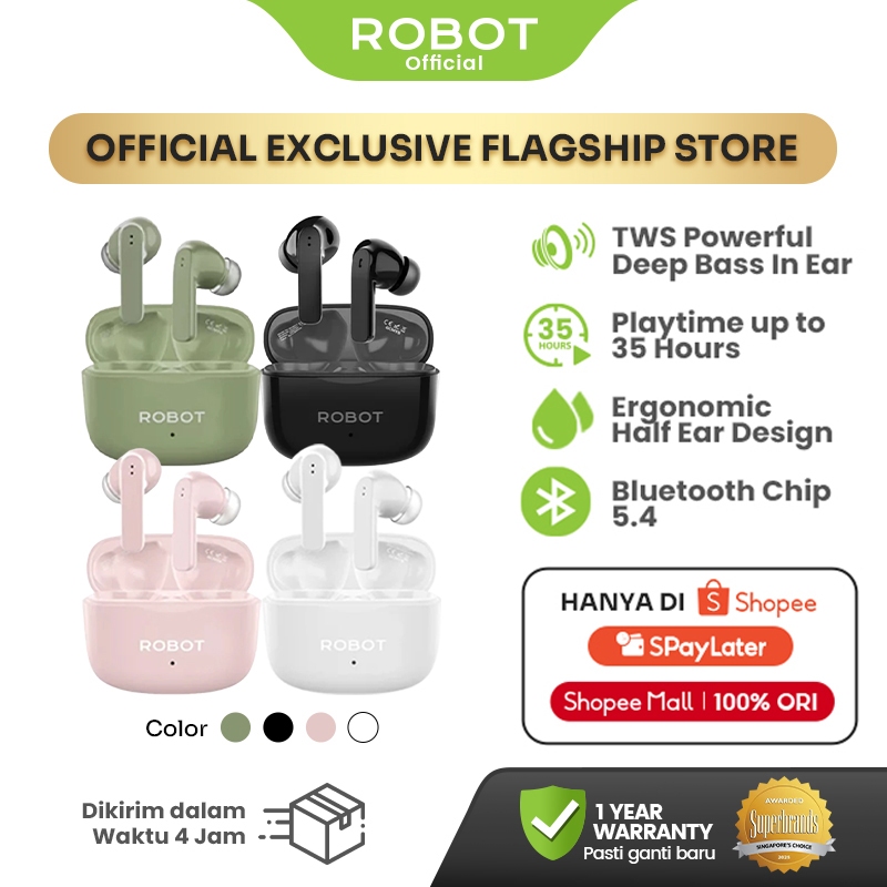ROBOT TWS Earphone T70E Bluetooth 5.4 Wireless Earbuds Low Latency Deep Bass 13 Layer Speaker 30 Jam