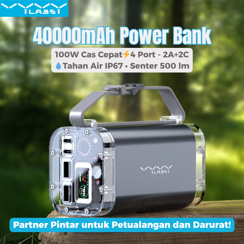 ​​Vyvylabs 40000mAh Power Bank 100W IP67 Waterproof degan Senter Lampu, Cas Cepat Charger untuk Lapt