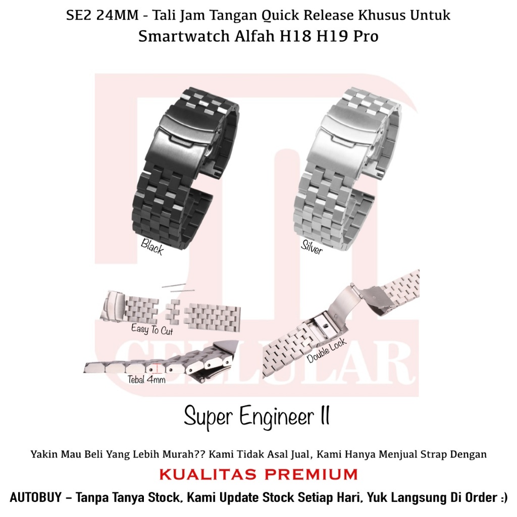 SE2 SUPER II Tali Jam Smartwatch Alfah H18 H19 Pro - Strap 24mm Stainless Steel