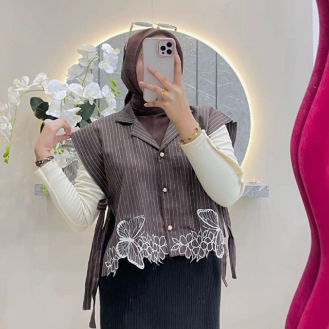 Mariposa Vest Wanita Semiwool Bordir Stylish||vest wanita salur tali samping