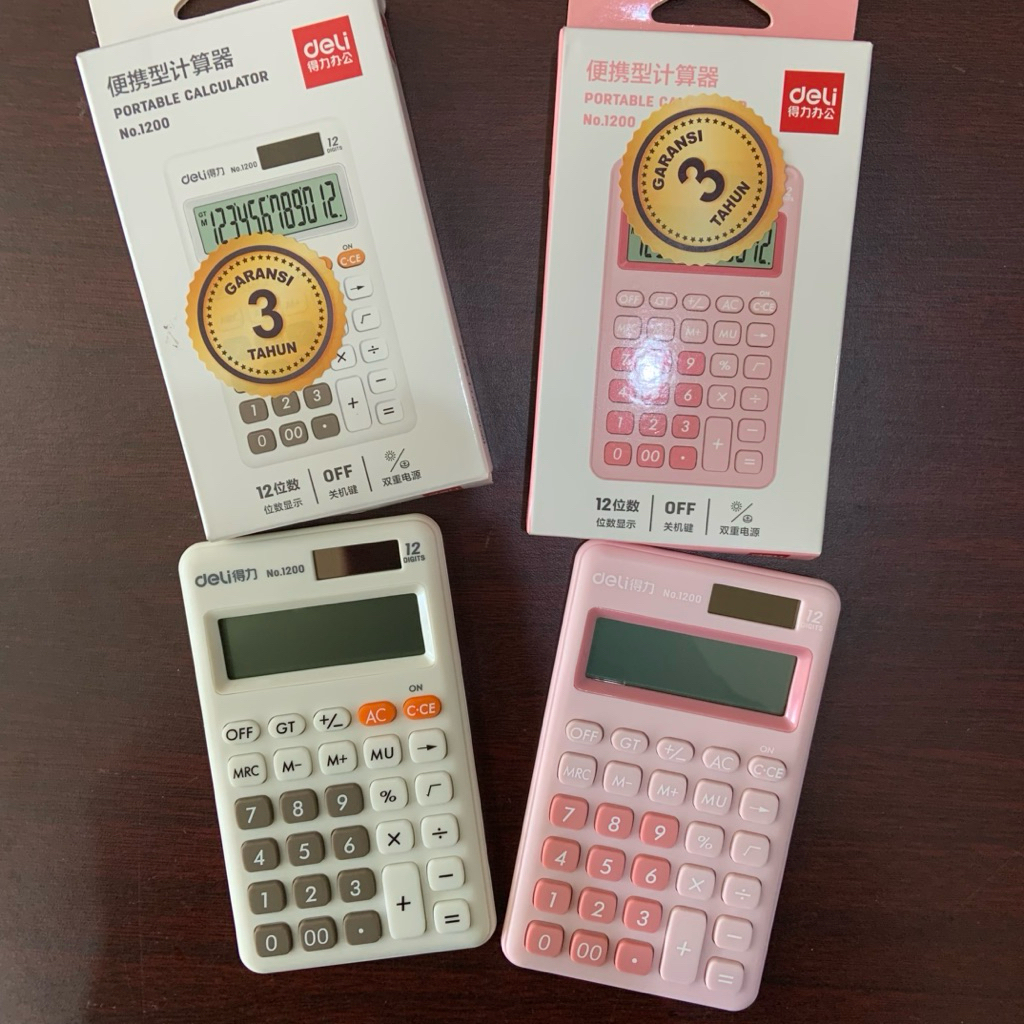 DELI Kalkulator mini estetik ukuran kecil portable 12 digits dual power baterai dan tenaga surya/ Ca