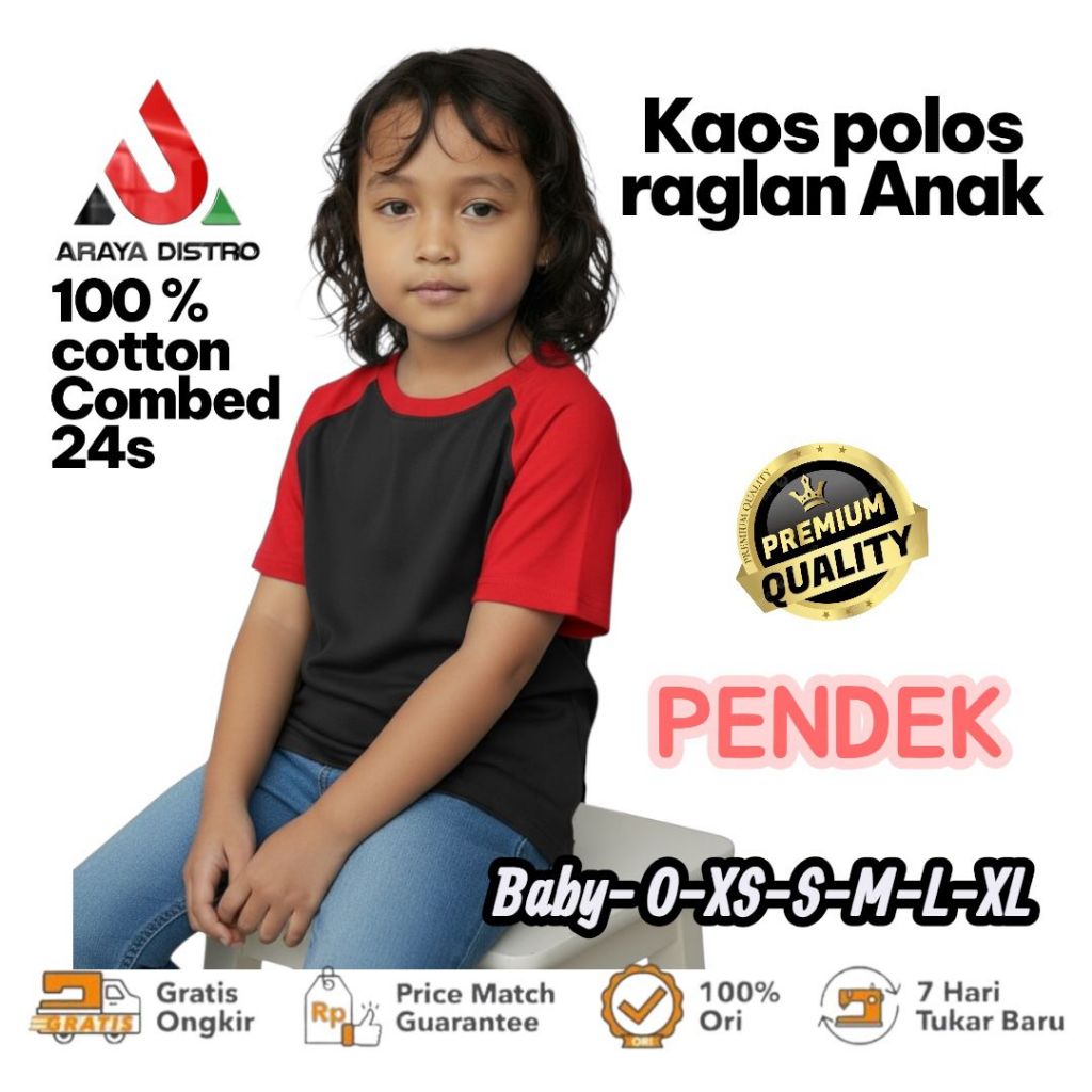 ARAYA kaos polos anak Raglan/cotton combed 24s/tebal/lengan pendek