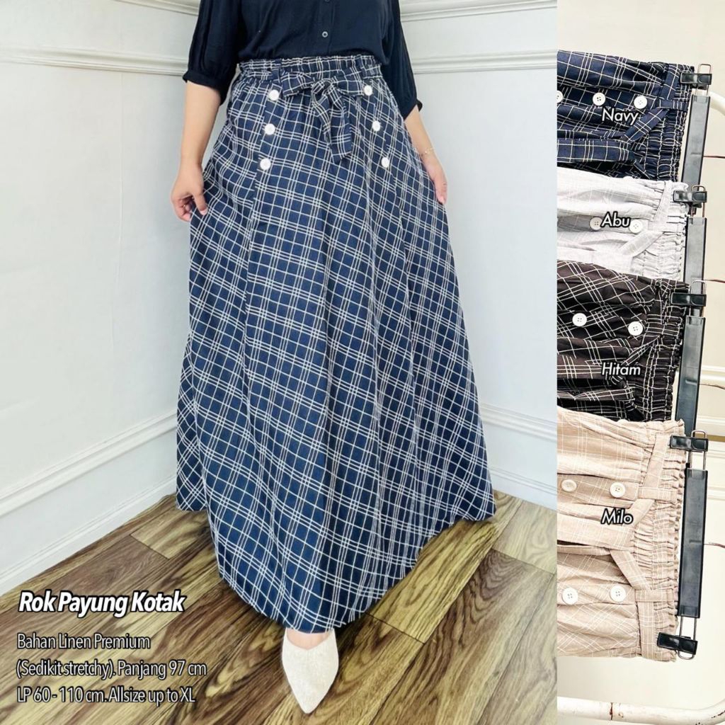 ROK LEBAR KATUN LINEN / ROK LINEN MOTIF SQUARE / ROK PAYUNG
