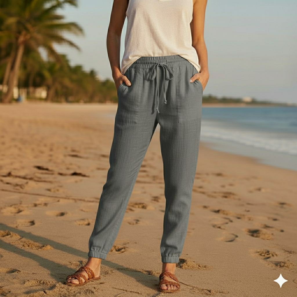 Celana linen wanita baru 2025, celana longgar kasual, celana longgar wanita warna solid bernapas, ce