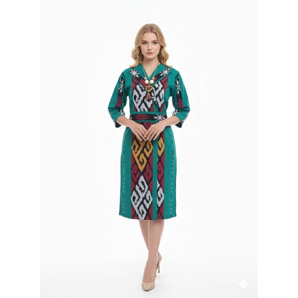 DRESS TENUN WANITA SIZE S - XXL WARNA HIJAU TOSCA MOTIF TORAJA NTT PREMIUM