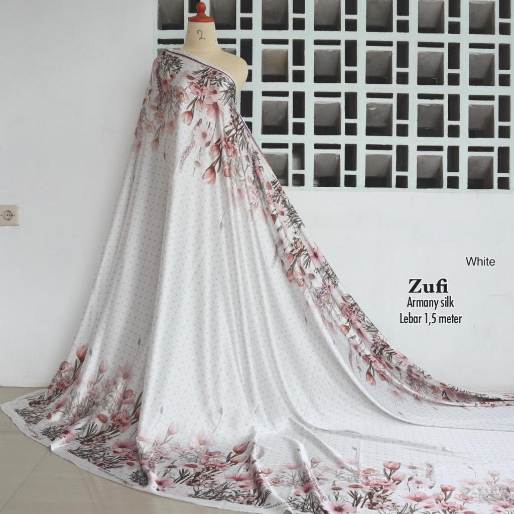 Kain armany silk hitam putih | kain seragaman bridesmaid | kain meteran motif | kain black & white