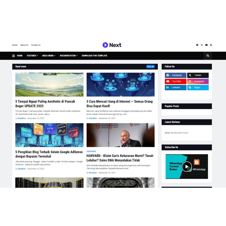 Tema Blogger Blogspot Profesional NEXT | Desain Elegan | Support Adsense