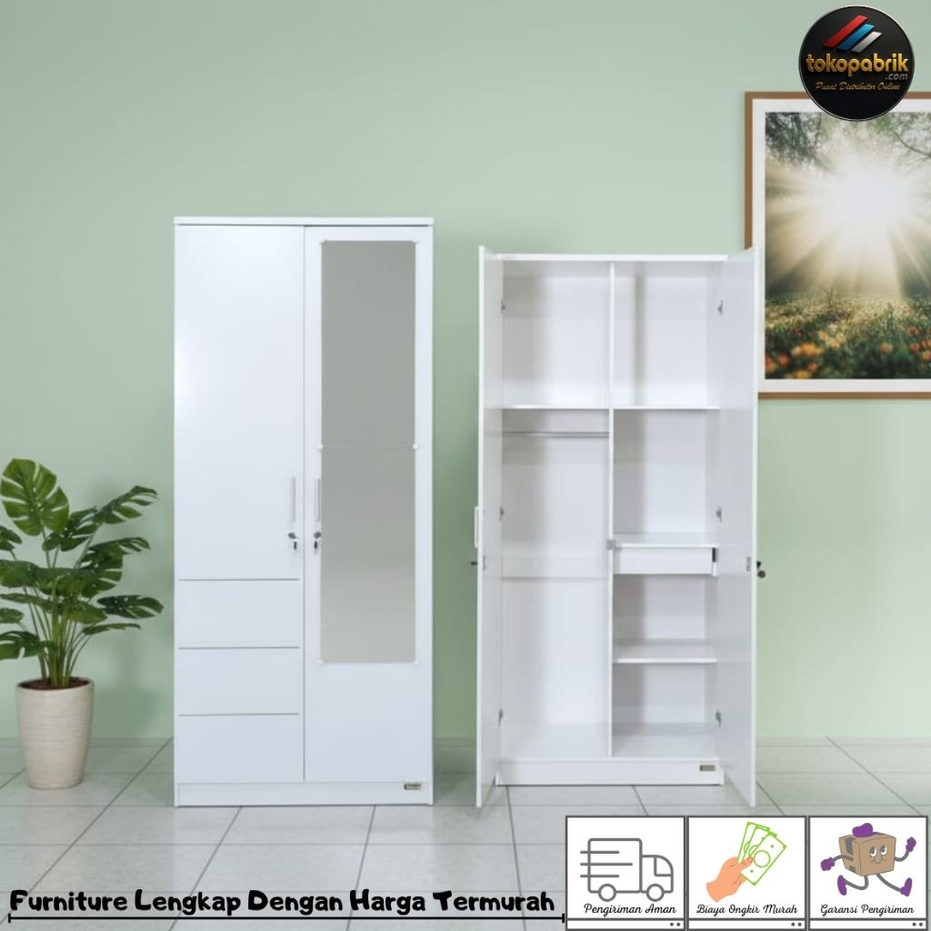 Lemari Pakaian 2 Pintu Full Kaca / Lemari Baju 2 Pintu Putih / Lemari Pakaian Minimalis Modern Murah