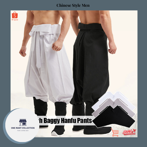 Chinese Style Men Drop Low Crotch Hanfu Pants Baggy Belted