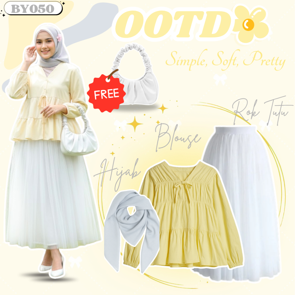 One Set Wanita Kekinian 4in1 | Blouse Mireya Kuning Pastel | Rok Tutu Putih | Hijab Silver | BY050