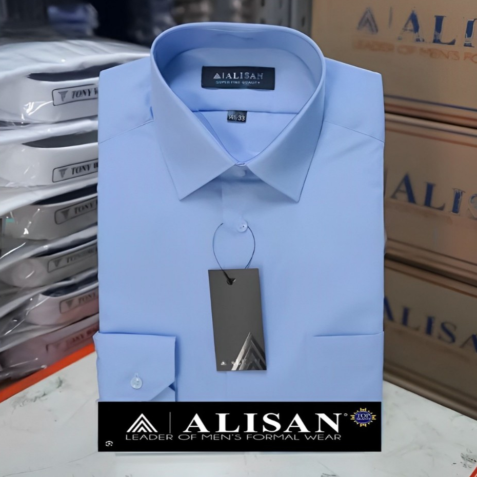 Kemeja Formal Pria Polos Alisan Biru 2/Sofblue/BiruMuda Krah Berdasi Slimfit Lengan Panjang - Casual