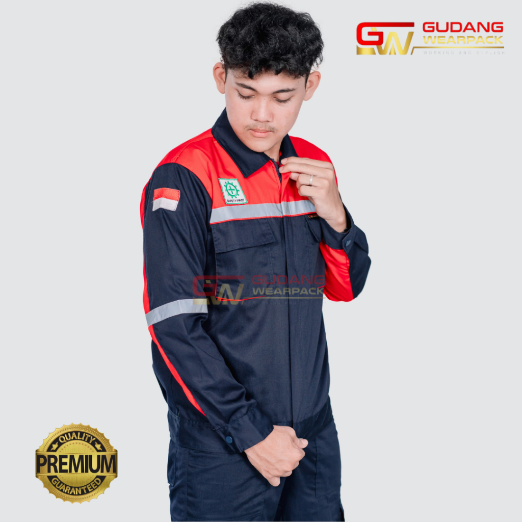Seragam Kerja Lengan Panjang Warna Dongker Kombinasi Merah