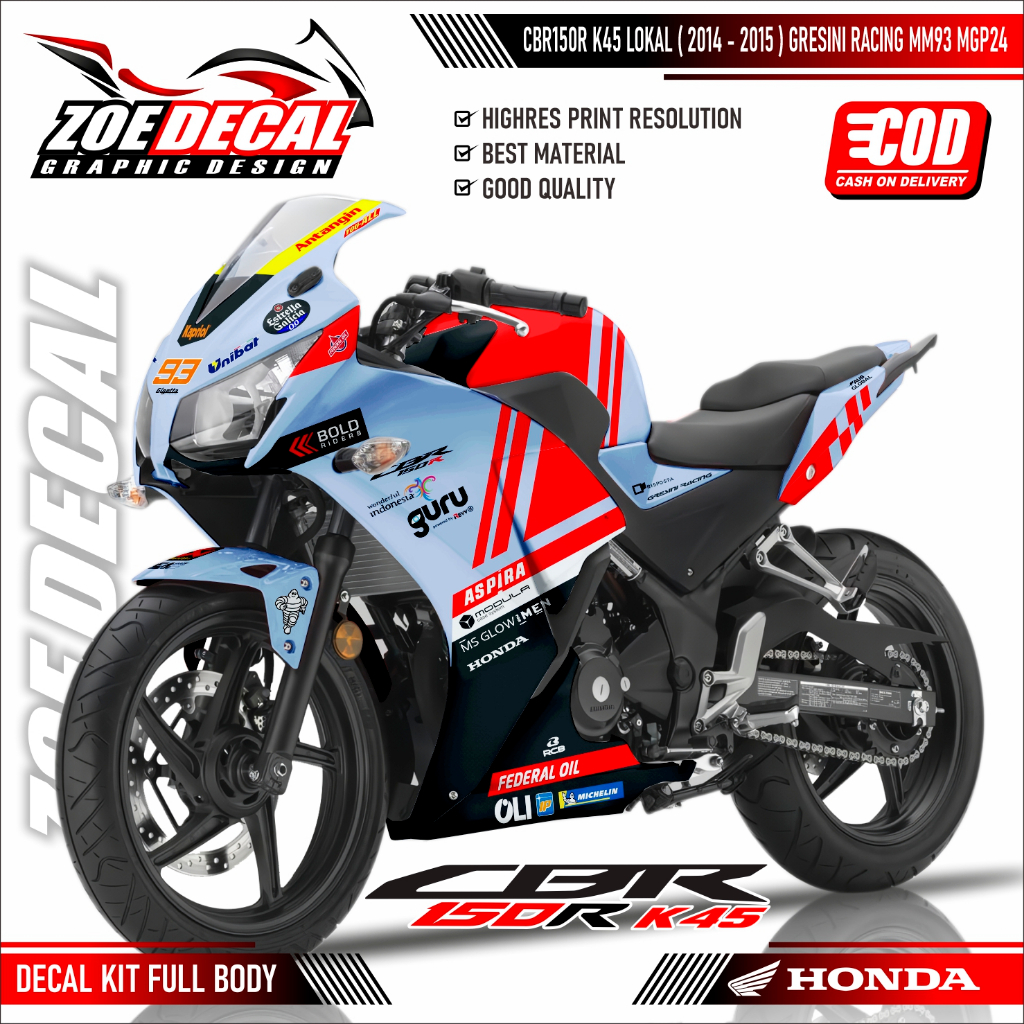 DECAL STIKER FULL BODY HONDA CBR 150R K45A (2014-2015) MOTIF GRESINI RACING