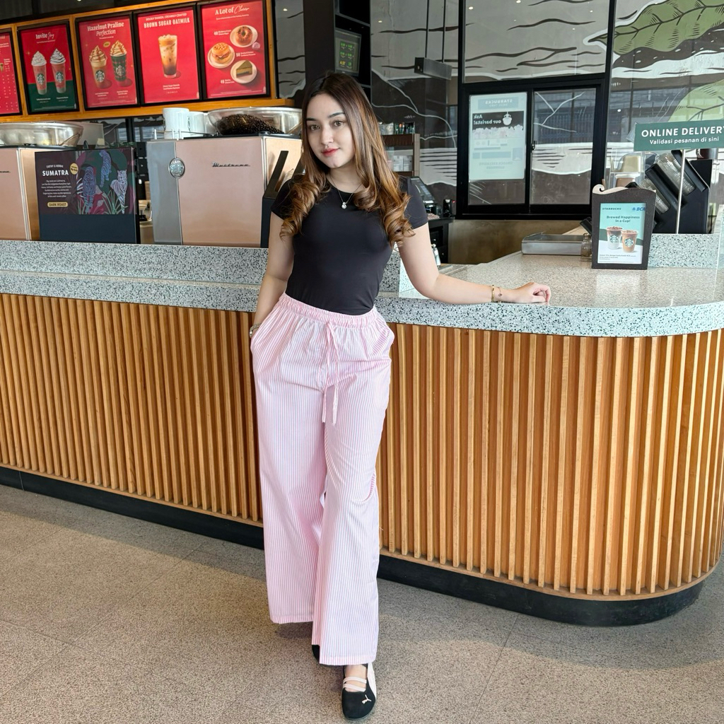 Celana Kulot Highwaist Loose Pants Stripe - Celana Panjang Wanita Salur Tali Serut Anti Kusut