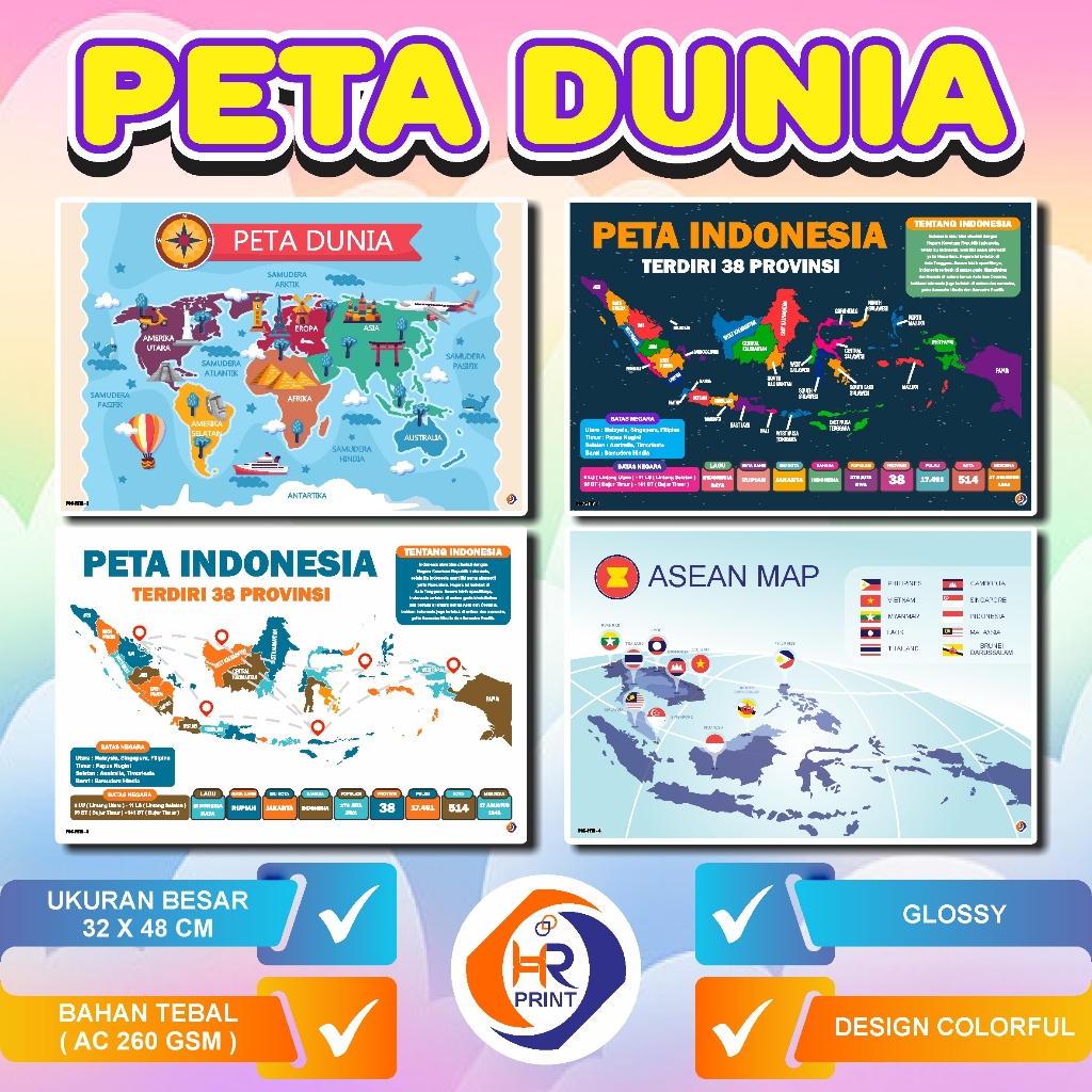 Poster Peta Dunia - Poster Peta Indonesia - Poster edukasi anak