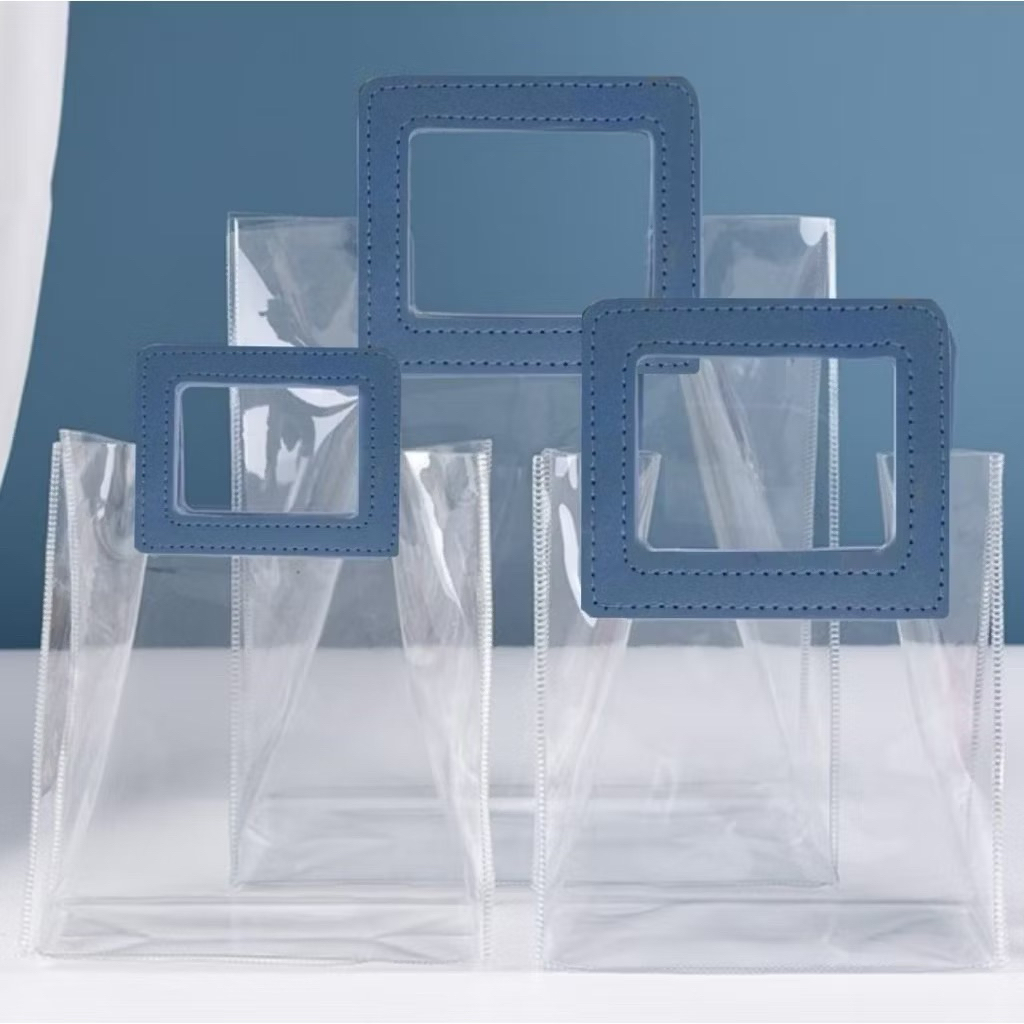 Tas Mika Bening Transparan ( Bukan Doff ) Gagang Kotak Biru Tas Hampers Souvenir Gift Kado Goodie Ba