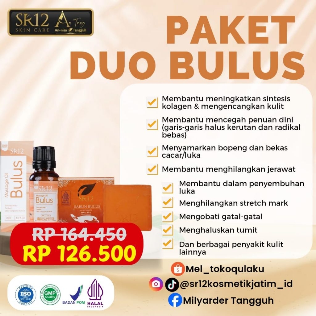 Paket Duo Bulus SR12 | Minyak Bulus | Sabun Bulus | Menyamarkan Bopeng atau Bekas Cacar/Luka | Penye