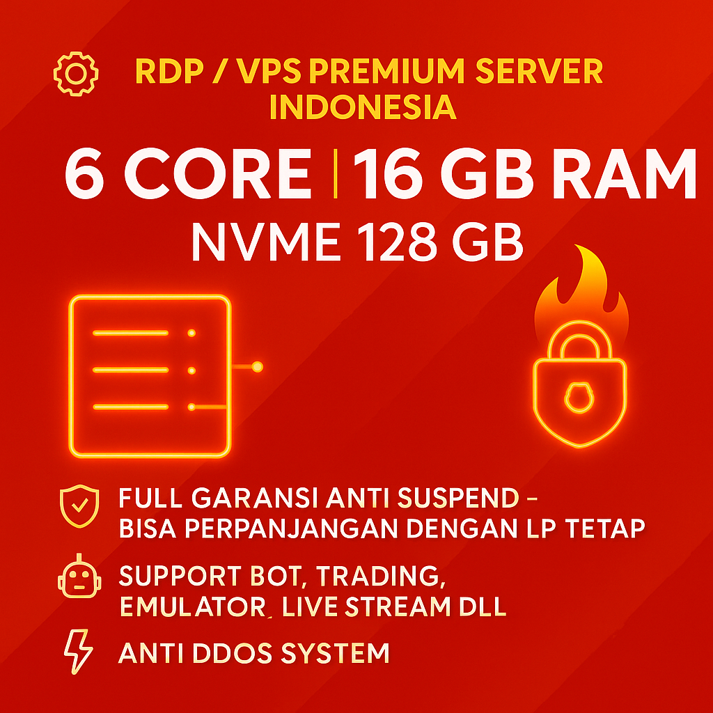 RDP / VPS Bulanan 6 Core Ram 16 GB Windows / LINUX Full Admin Bergaransi RDP Legal Resmi Anti Suspen
