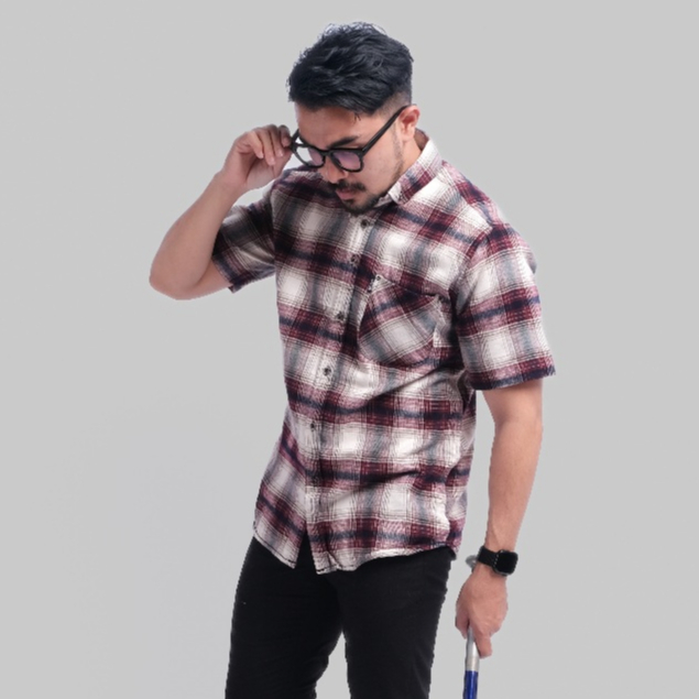 DGM Kemeja Pria Flanel Pendek Premium Kotak-kotak Flanel Merah Garis Putih 2948