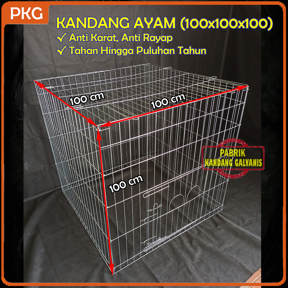 Kandang Ayam Bangkok Kotak Ukuran 100x100x100, Kurungan Galvanis Lipat Anti Karat Model Box