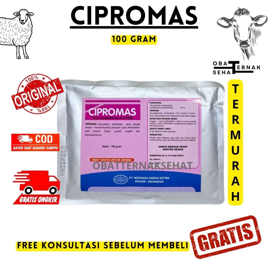 CIPROMAS 100 GRAM - Mensana -  Obat Ayam Ternak Hewan Anti Mycoplasma Crd Snot Salmonela Cholera