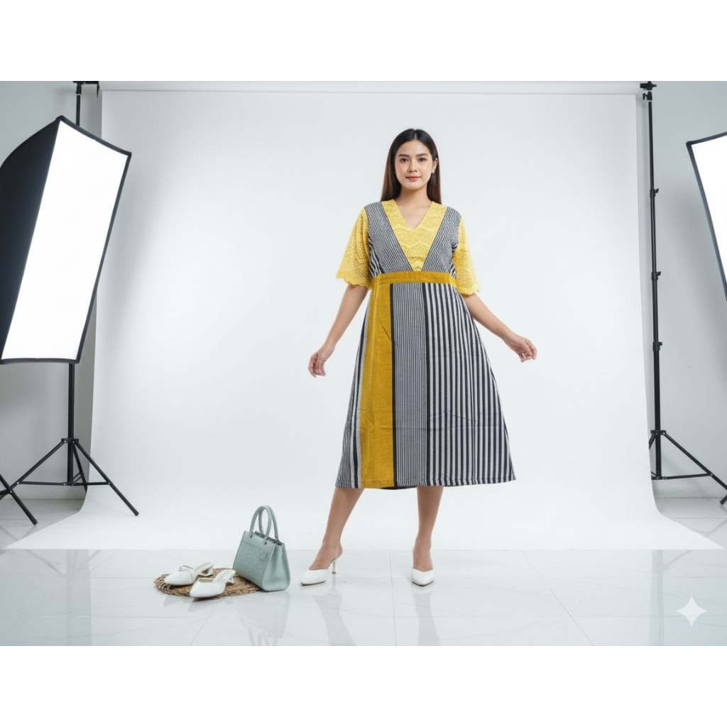 dres tenun Jepara mix brokat kuning model Helena tenun