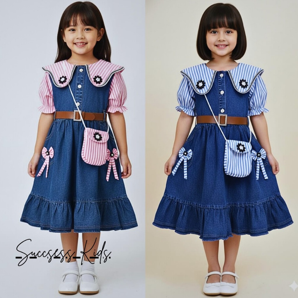 Dres jeans anak perempuan lengan pendek motif salur model terbaru 2025 free tas usia 3 - 10 tahun dr