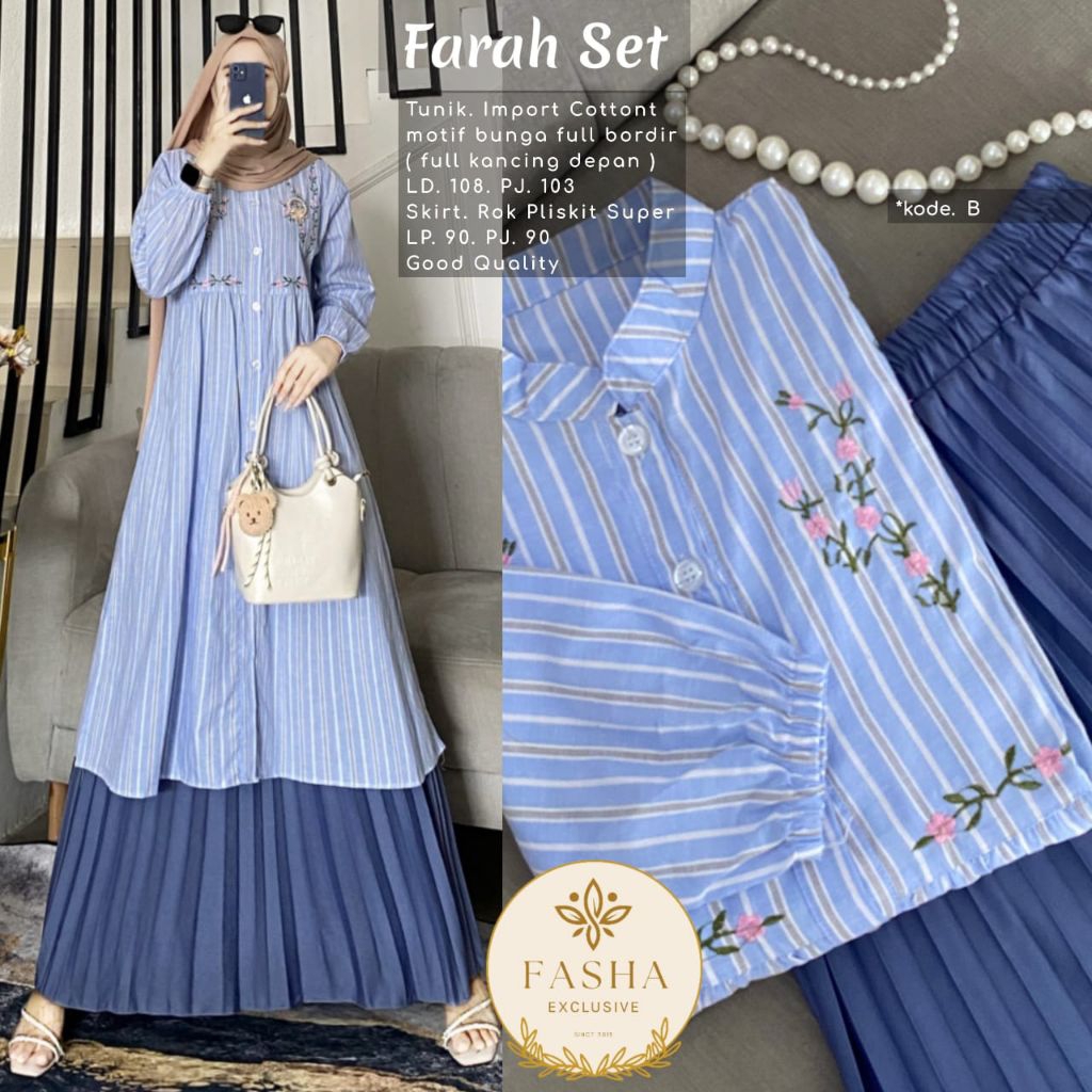 Mecca Set Farah Set tunik salur rok plisket (FASHA)
