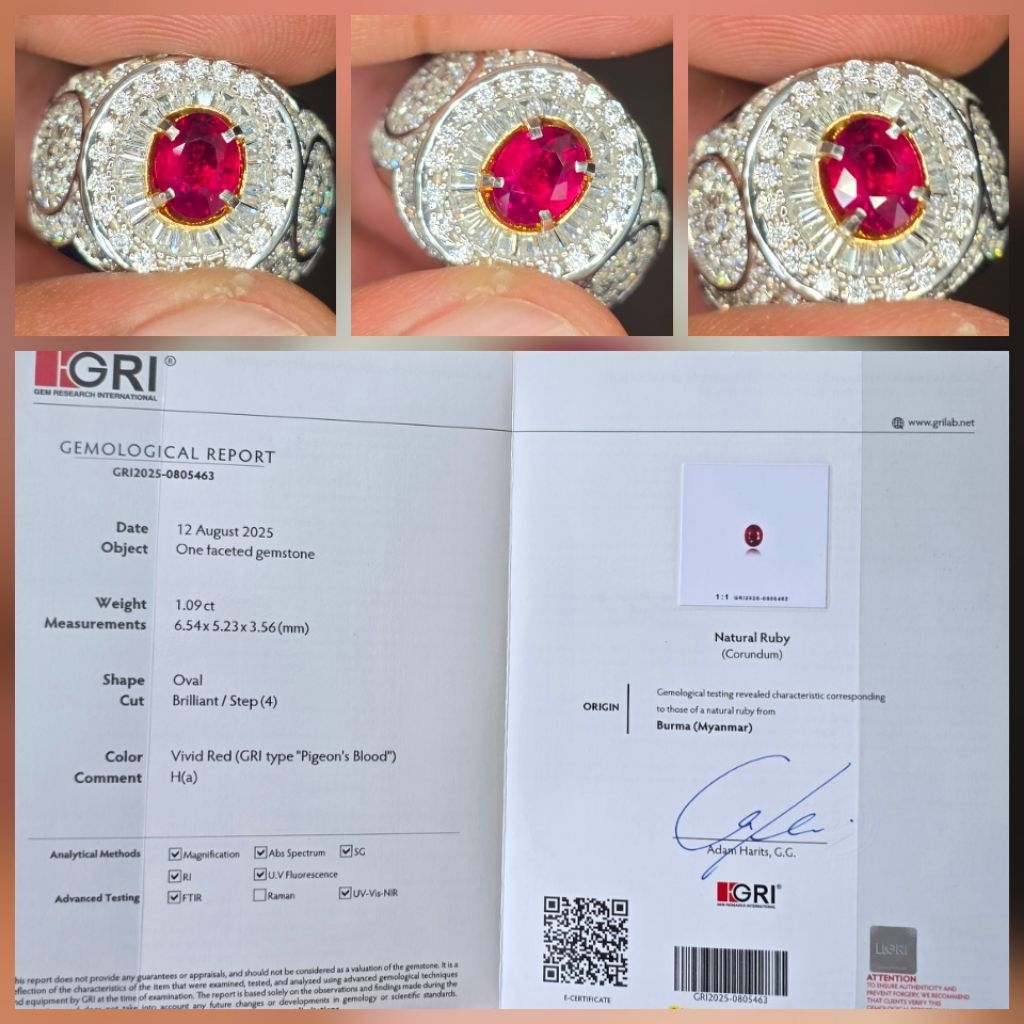 Batu Natural HQ Super Vivid Red Pigeon Blood Ruby Burma Myanmar Sertifikat 1.09 crt