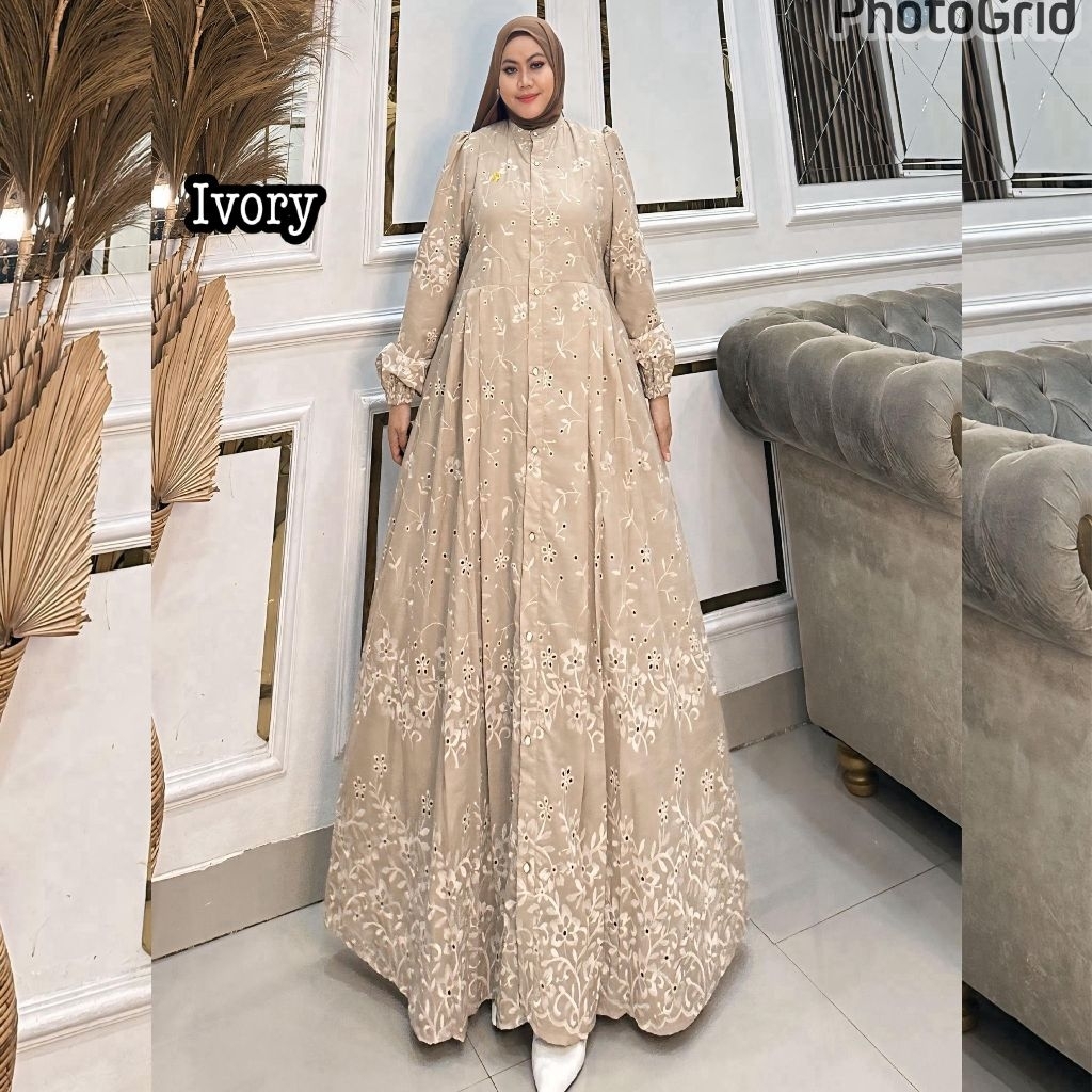 Queenasyari - Brigitte Dress (Hanya Gamis) Jumbo Semi Formal Bahan Katun Bordir Bolong Gamis Full Ka