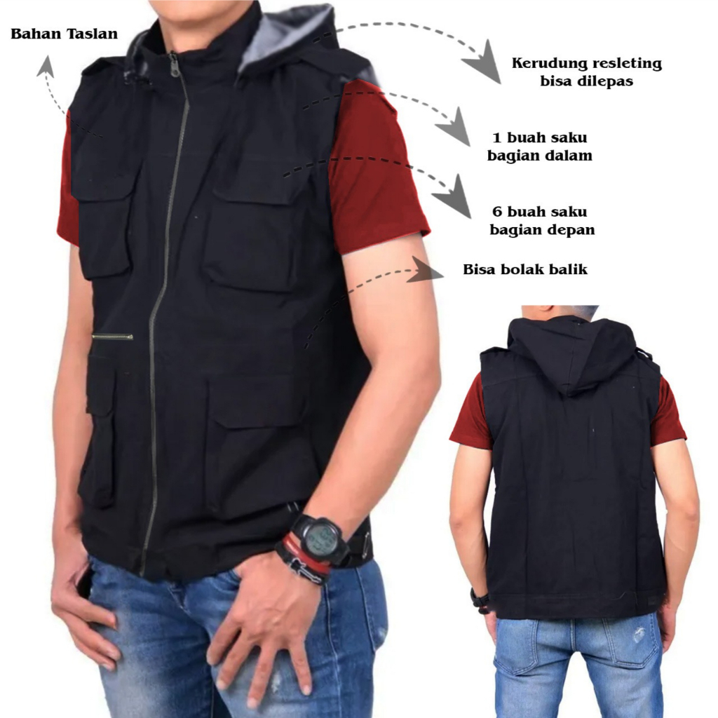 Jaket Rompi Polos Kantong Terbaru / Rompi Polos Keren / Rompi Pria / Rompi Wanita