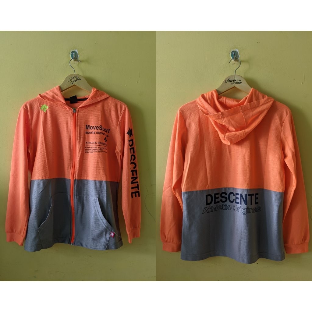 (Jacket Branded) Descente Mesh Orange Mid Grey Spell Out Logo Sport Tracktop Jacket
